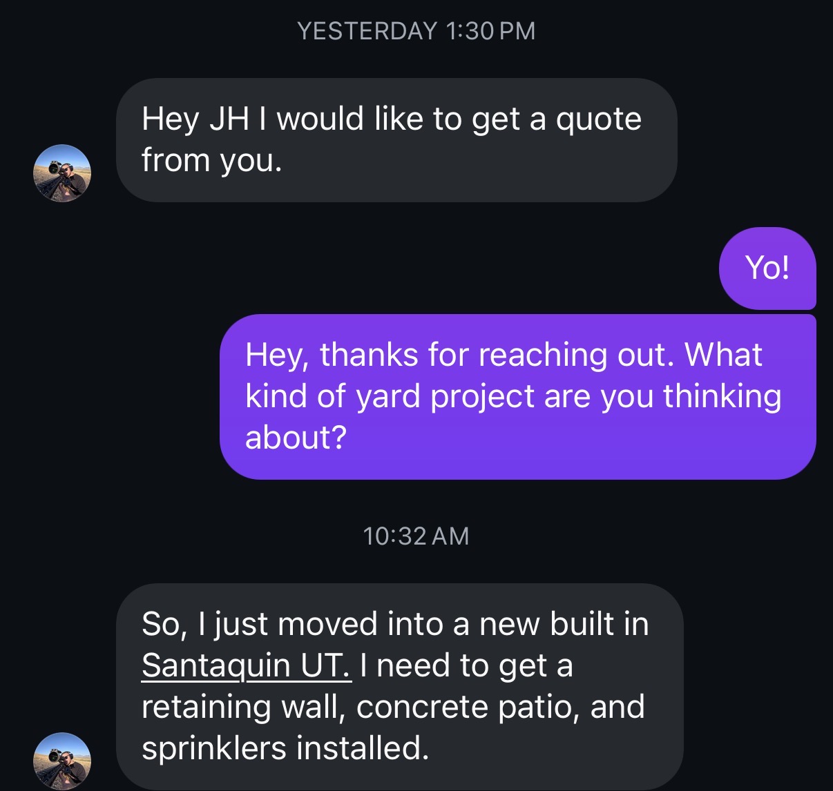 Direct message from a homeowner asking about a project